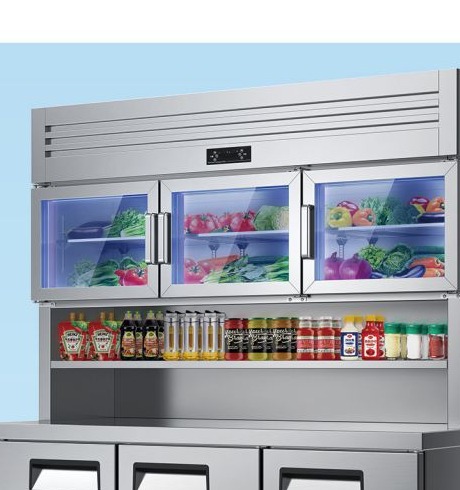 Upright kitchen refrigerator with glass door top cabinet and stainless worktable base